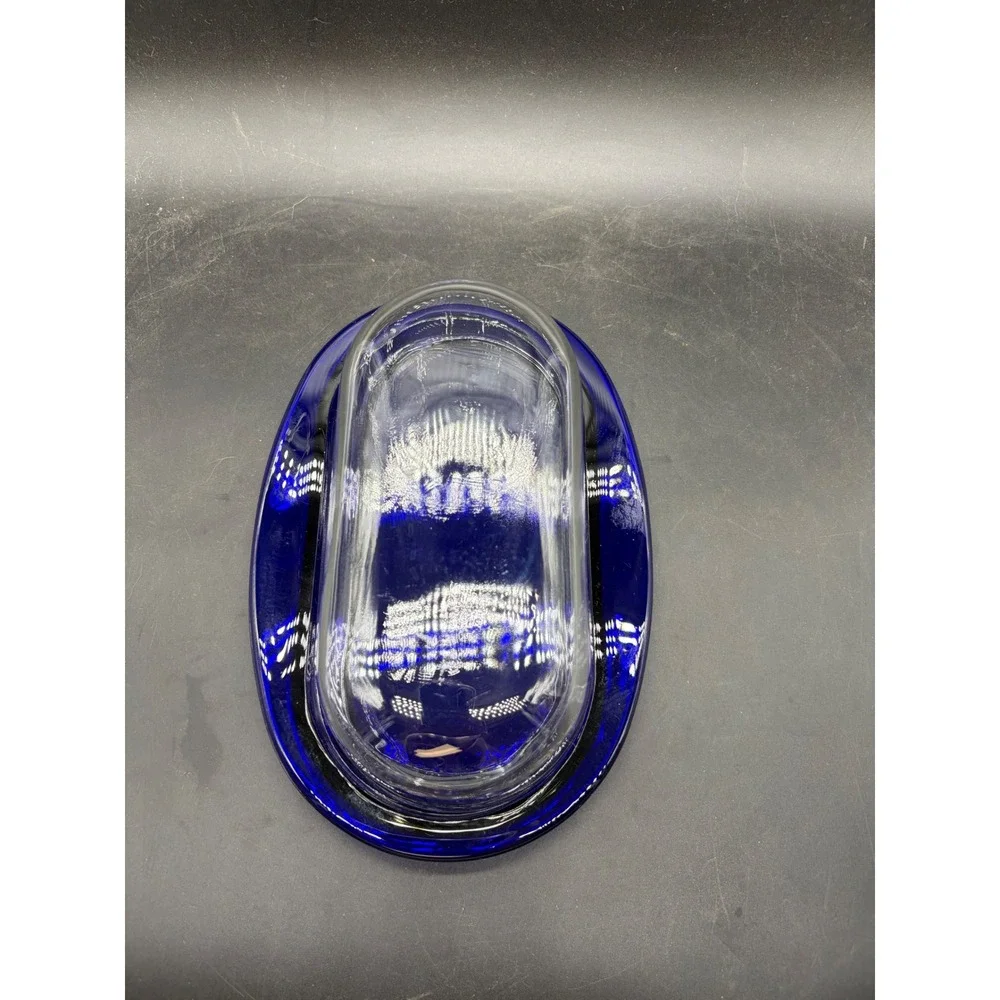 Vintage Cobalt Blue Glass Butter Dish with Clear Domed Lid Two Piece Set